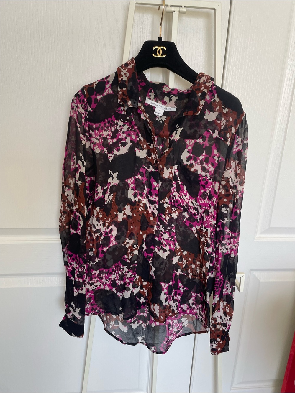 Diane Von Furstenberg Pink, Brown & Black Printed Long-Sleeve Blouse
